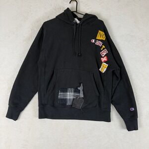 Champion Reverse Weave Black Patched Distressed Hoodie Sweatshirt Size Medium